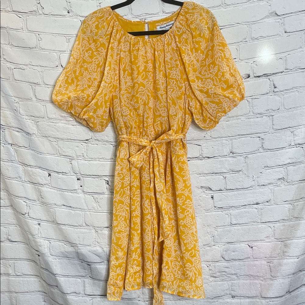 Tommy Bahama Yellow & White Floral Puffed Sleeve Dress W/Tie Belt Size Medium